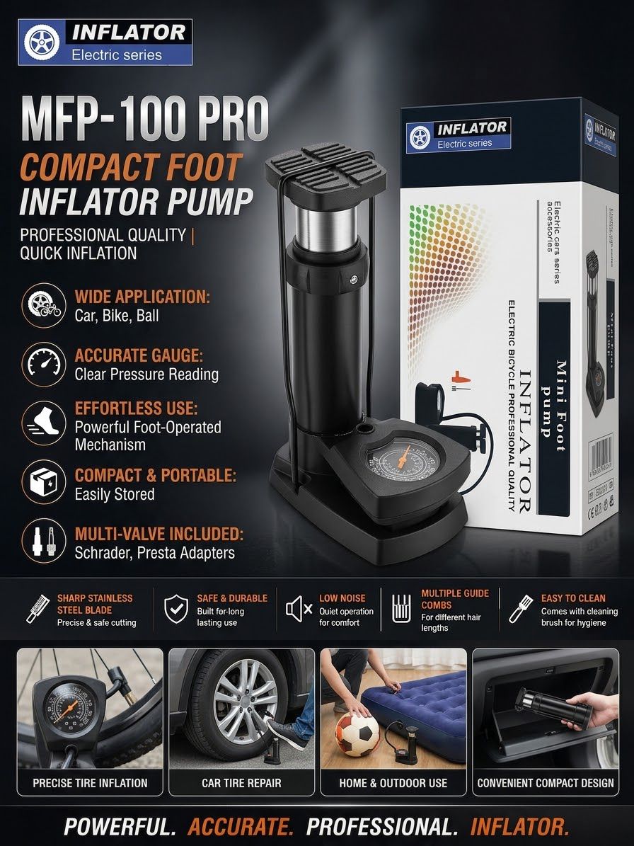 MFP-100 PRO Compact Foot Inflator Pump – Multi-Valve with Pressure Gauge