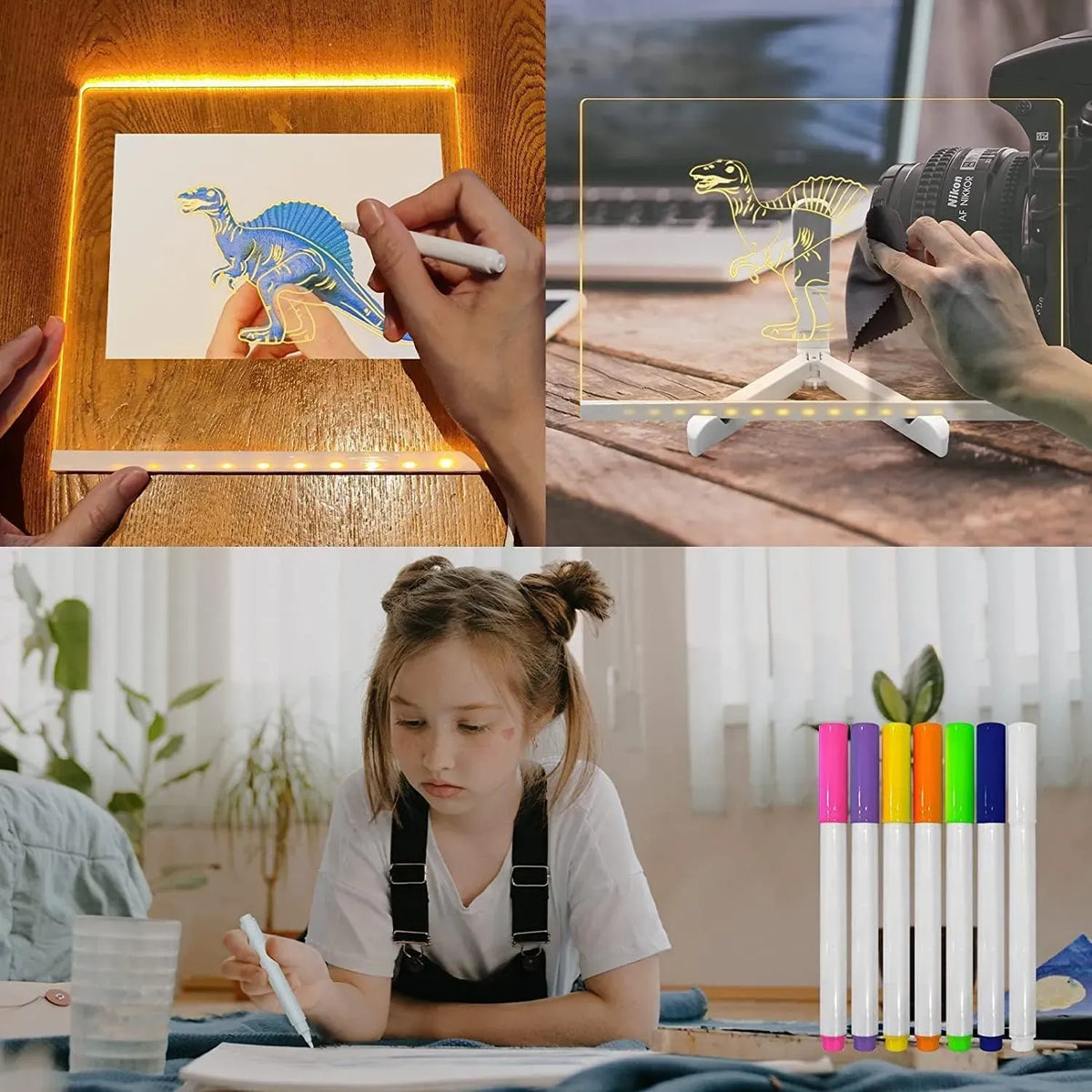 LED Light-Up Acrylic Dry Erase Board 15x15cm – With Markers & Cleaning Cloth